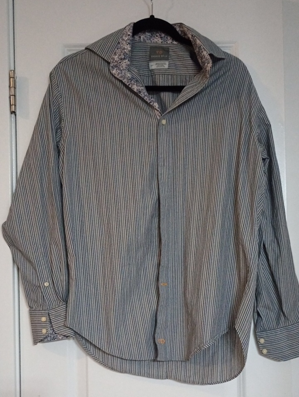 Thomas Dean Blue and White Striped Dress Shirt with Floral Trim In Size S